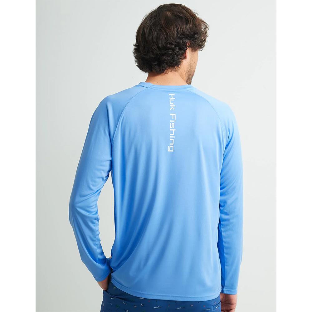 Chattanooga Huk Vented Pursuit Long Sleeve Shirt in Marolina Blue with sun protection, size S, featuring breathable fabric and casual fit.
