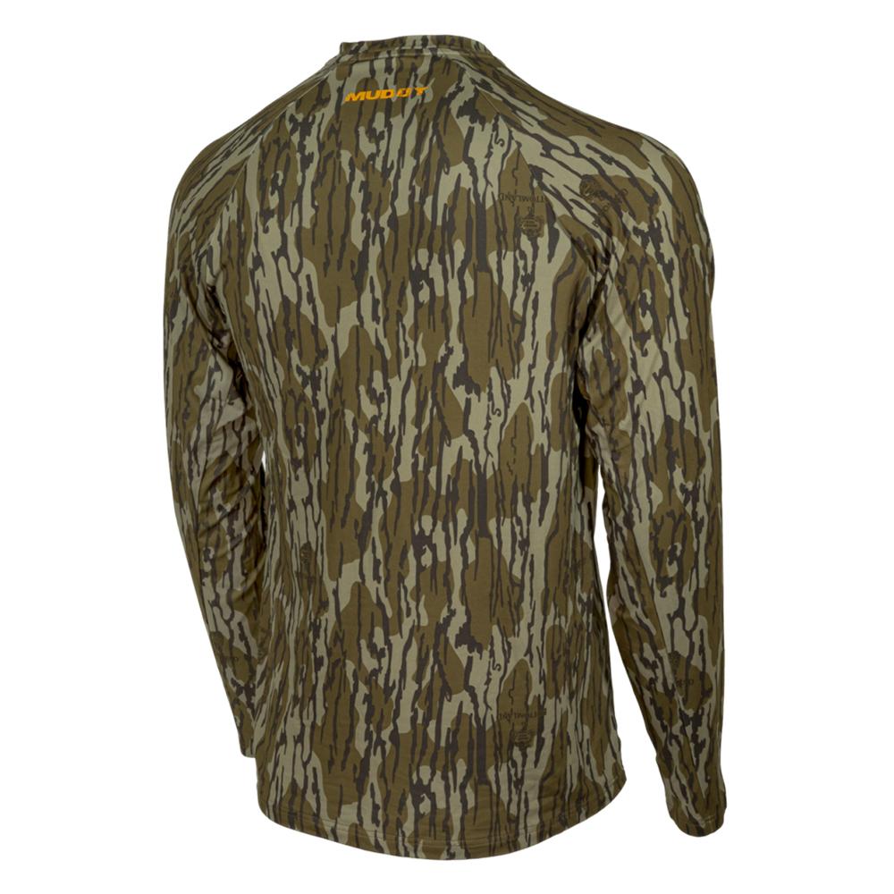 Chattanooga Muddy Base Layer Crew Long Sleeve Shirt in Mossy Oak Bottomland, breathable fabric, size L, with outdoor camouflage pattern.