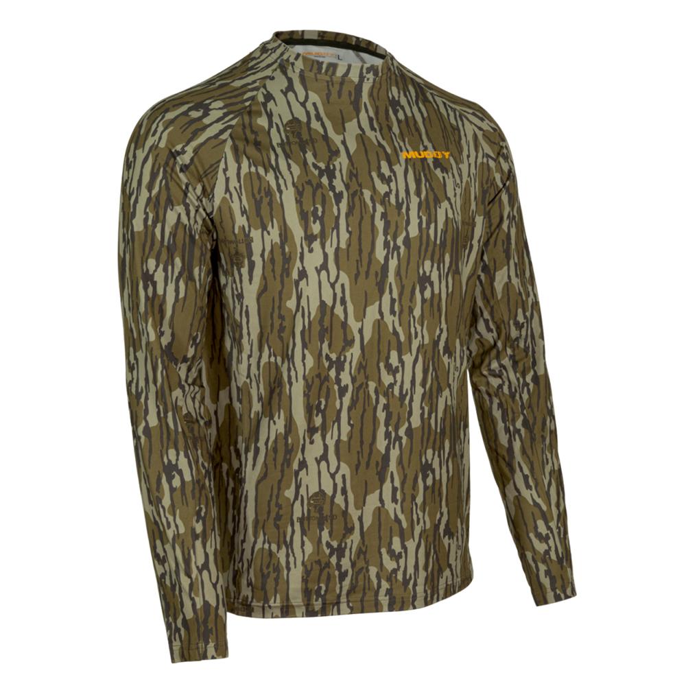 Chattanooga Muddy Base Layer Crew Long Sleeve Shirt in Mossy Oak Bottomland, 3XL size, camouflage hunting apparel.