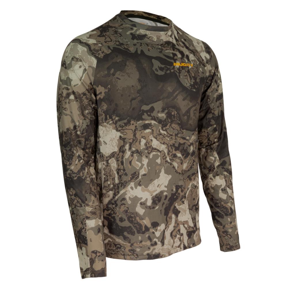 Chattanooga Muddy Outdoors long sleeve base layer crew shirt in Veil Canyon Grey, shown on a hanger.
