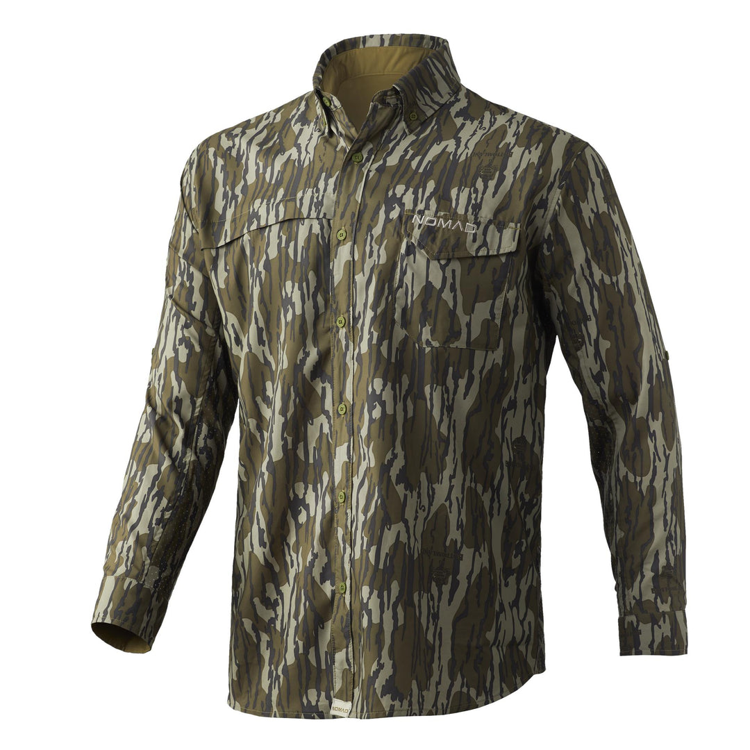 Chattanooga Nomad Stretch Lite long sleeve shirt in Mossy Oak Bottomland camouflage, 2XL size, lightweight and comfortable for outdoor wear.