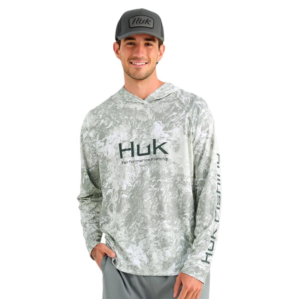Chattanooga HUK Pursuit Mossy Oak printed lightweight hoodie in Seagrass, size XL, featuring long sleeves and camouflage pattern.