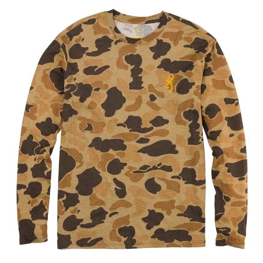 Chattanooga Browning LS T-Shirt Wasatch-CB VTAN S, long sleeve shirt with camouflage pattern and Browning logo on front.
