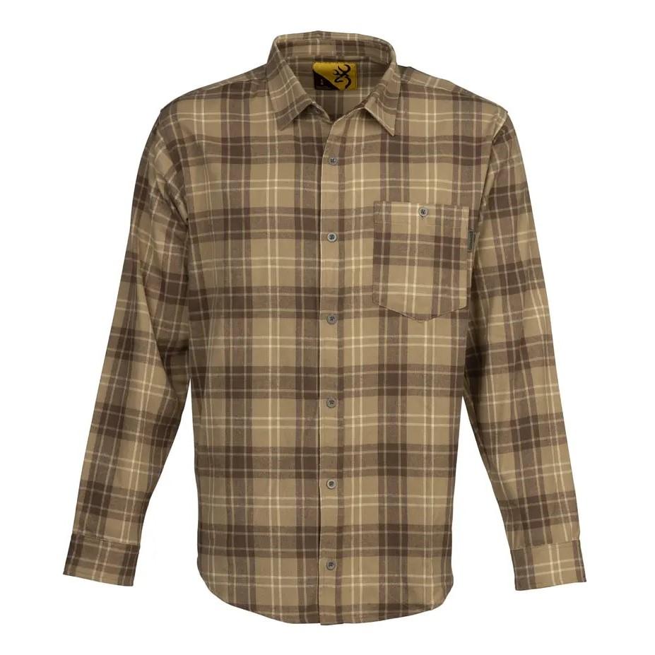 Chattanooga Browning SHT Upland Flannel Tan S long sleeve shirt with plaid pattern and button-up front.