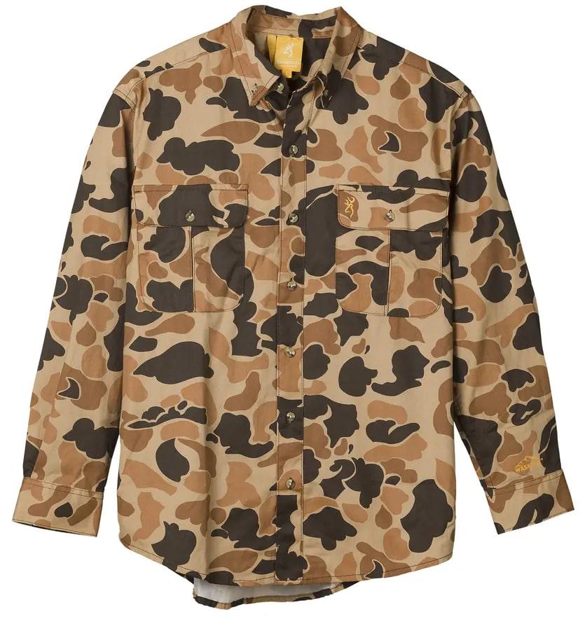 Browning Wasatch CB Shirt Vintage Tan Camo L Outdoor Button Pocket Top - POWER FIT SHOP — Powering Preparedness, Health & Home