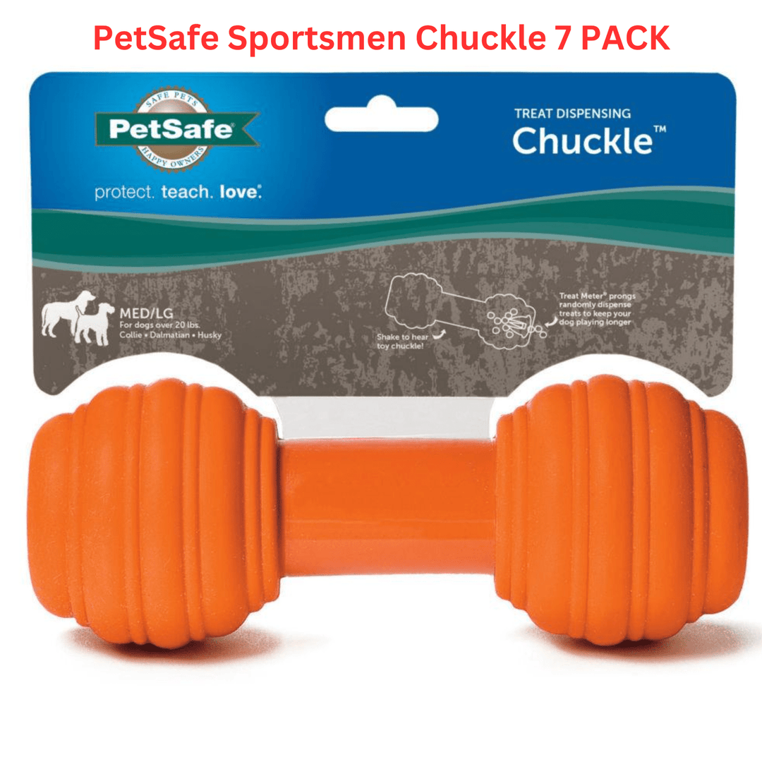 Petsafe Sportsmen Chuckle interactive dog toy with noise maker, designed for pets to chew and play actively.