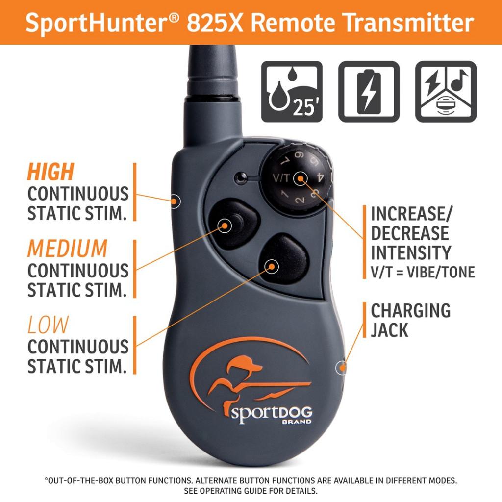 Chattanooga Map SportDOG Sport 825X dog training collar with remote, tone, and vibration functions, designed for effective dog training.