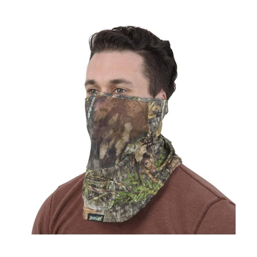 Chattanooga Allen Shocker Mossy Oak Obsession breathable adjustable outdoor neck gaiter with camouflage pattern and moisture-wicking fabric.
