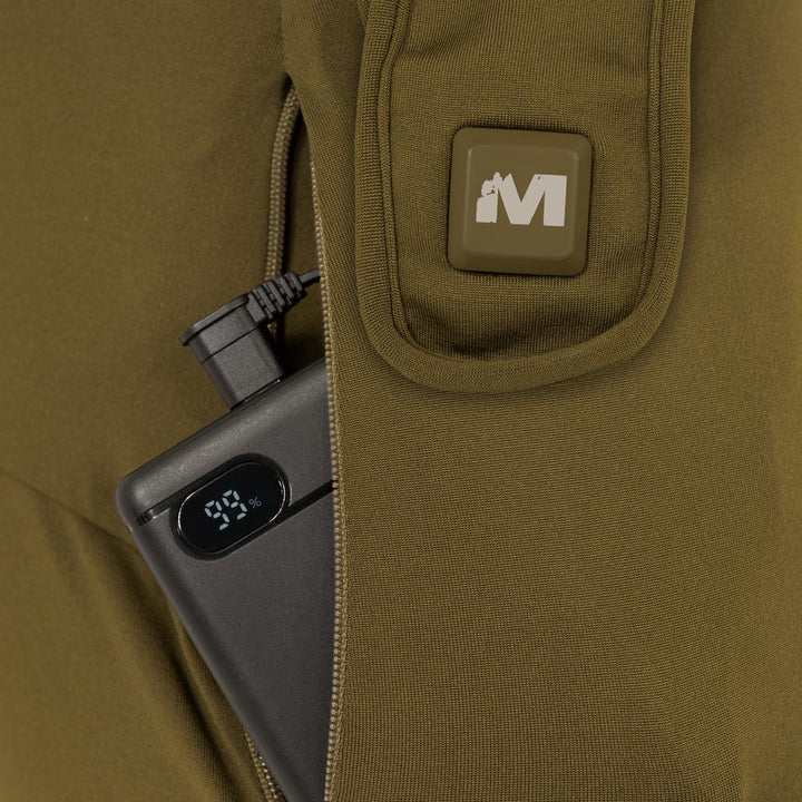 Chattanooga Muddy Nucleus heated pants in brown clay, small size, adjustable, warm, comfortable layering for outdoor cold weather.