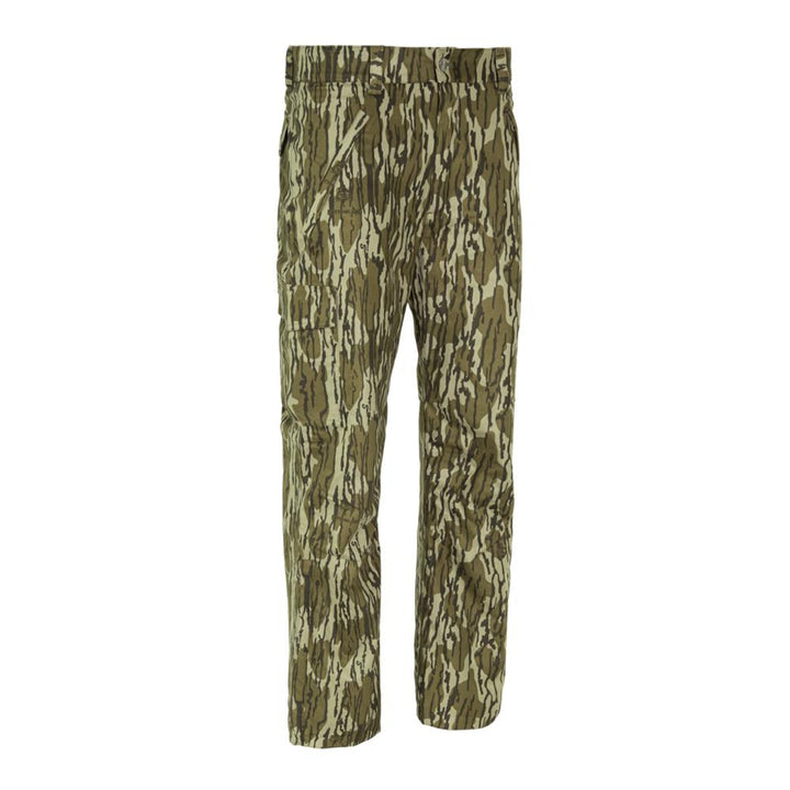 Chattanooga Muddy TRX lightweight rain pants in Mossy Oak Bottomland camouflage, size XL, showing waterproof fabric and outdoor style.