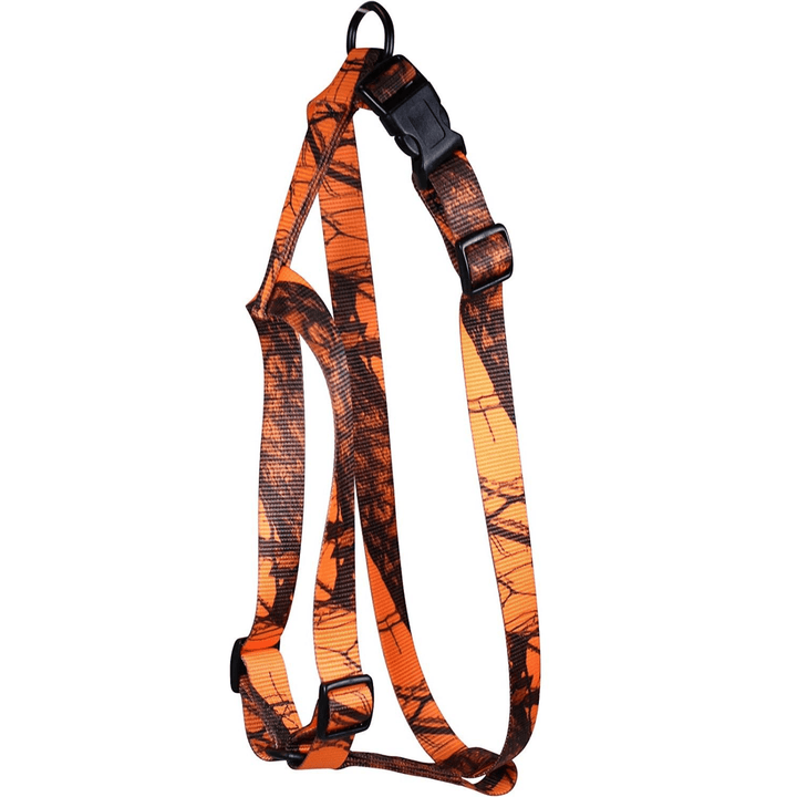 Chattanooga Omnipet Kwik Klip nylon pet harness in 5/8" Mossy Oak Blaze Orange Camo, 1 ply, adjustable for dogs.