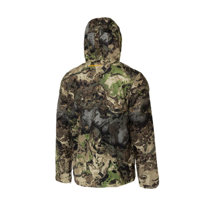 Chattanooga Muddy TRX lightweight rain jacket in Veil Canyon hybrid style, shown in a vibrant outdoor rain gear setting.