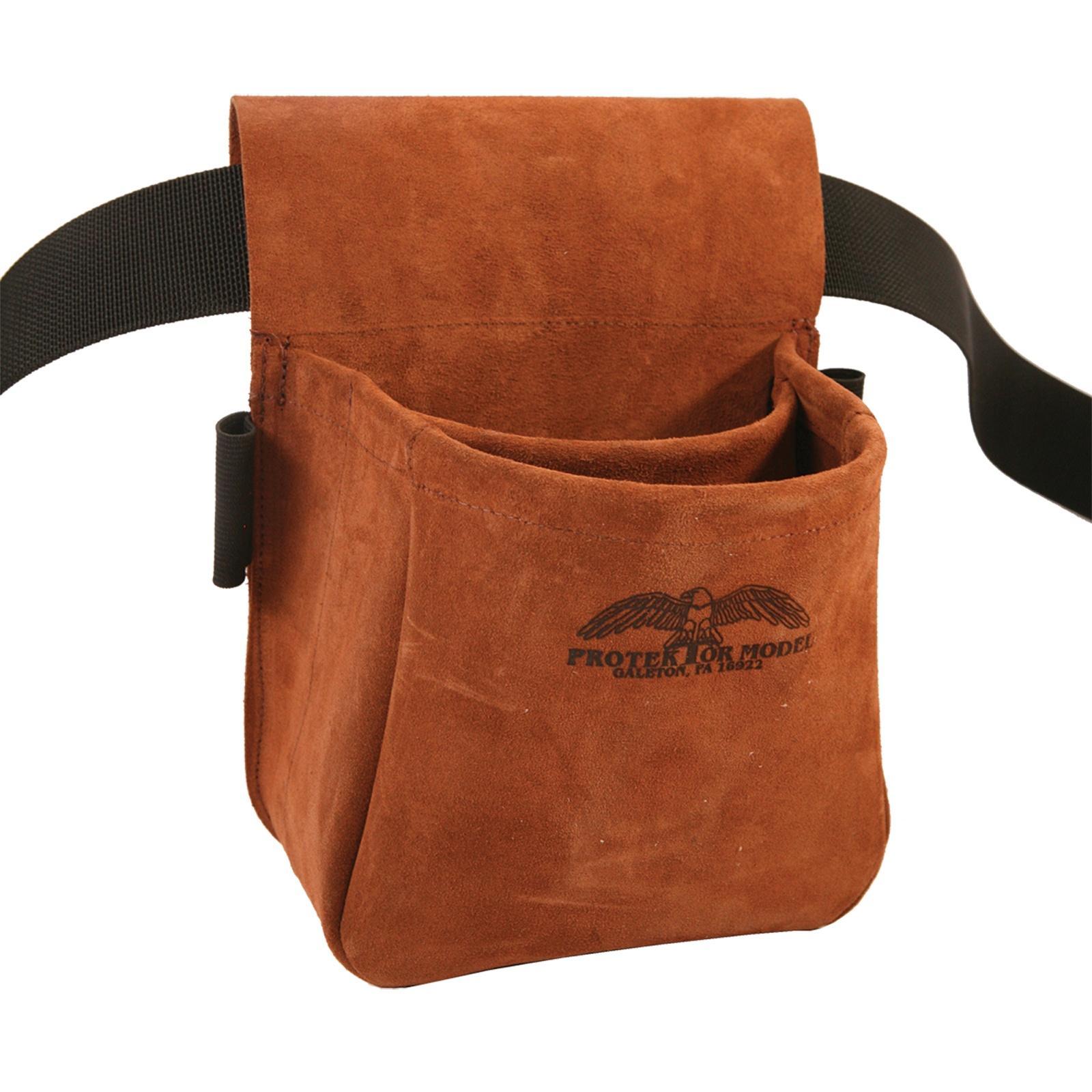 Chattanooga Protektor Model suede leather range bag holding trap and skeet shooting accessories, designed for sport shooting enthusiasts.