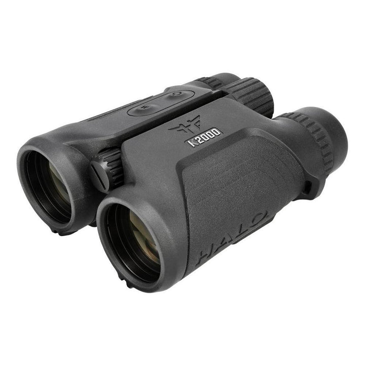 Chattanooga K2000 10x42 LRF binoculars with rangefinding features, black body, and textured grip for outdoor viewing.