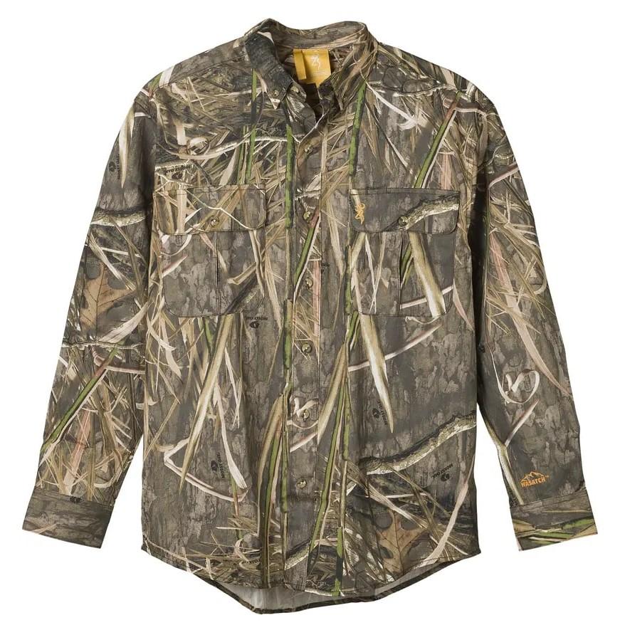 Chattanooga Browning Wasatch-CB shirt with button front, two pockets, in Mossy Oak Shadow Grass Habitat camouflage, size S.