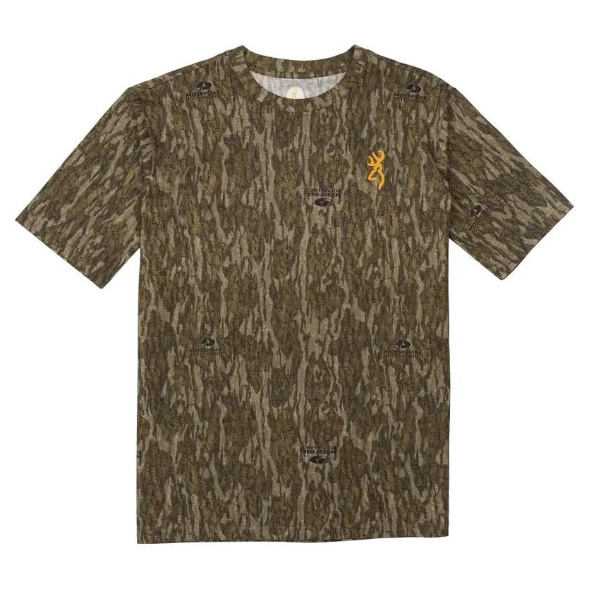Chattanooga Browning Wasatch short sleeve cotton T-shirt in Mossy Oak Bottomland camouflage, small size, with crew neck and logo detail.