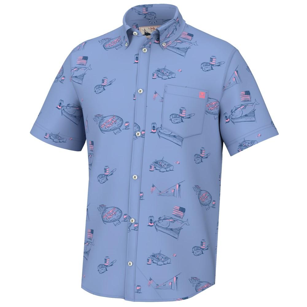 Chattanooga Huk Americookin Kona short sleeve shirt in Quiet Harbor, lightweight men's L size, featuring a casual button-up design.