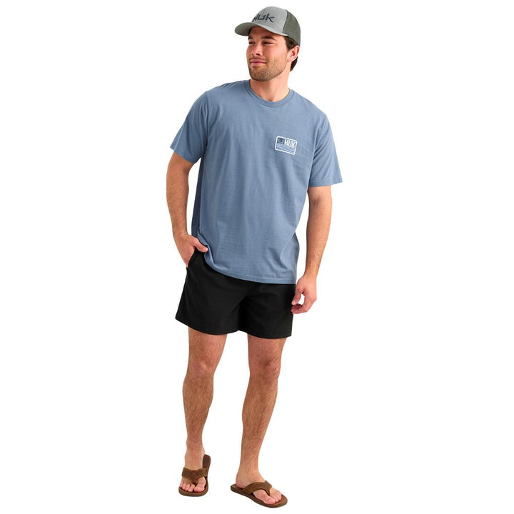 Chattanooga HUK Born Wave short sleeve shirt in stormy blue, comfortable casual tee, size small, featuring a relaxed fit and soft fabric.