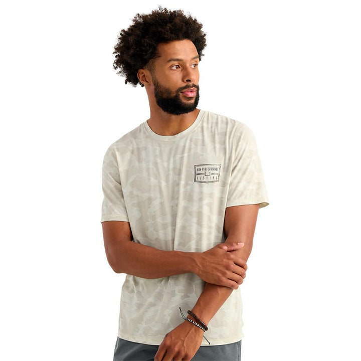 Chattanooga Huk Drift printed short sleeve crew shirt in Silver Birch, lightweight performance fabric, size Small, front view.