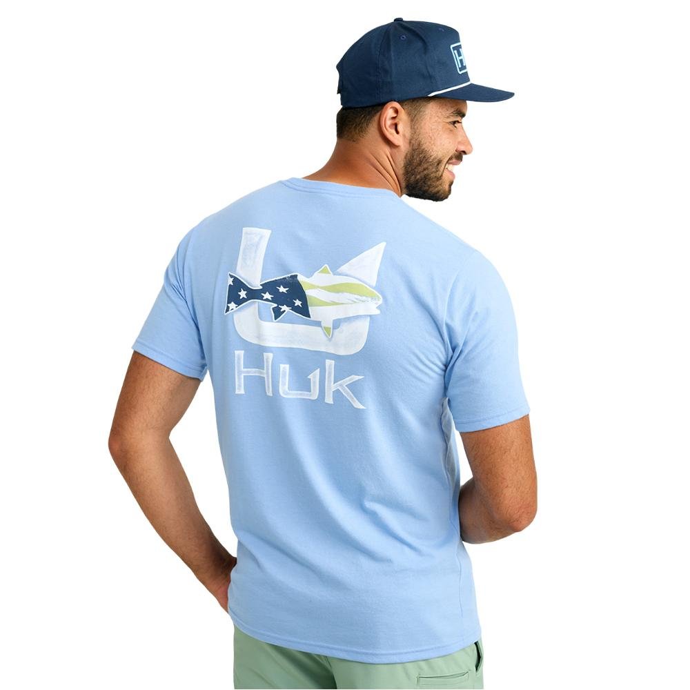Chattanooga Huk Fish Flag short sleeve shirt in Marolina Blue, lightweight, breathable fit, size large, casual fishing-inspired apparel