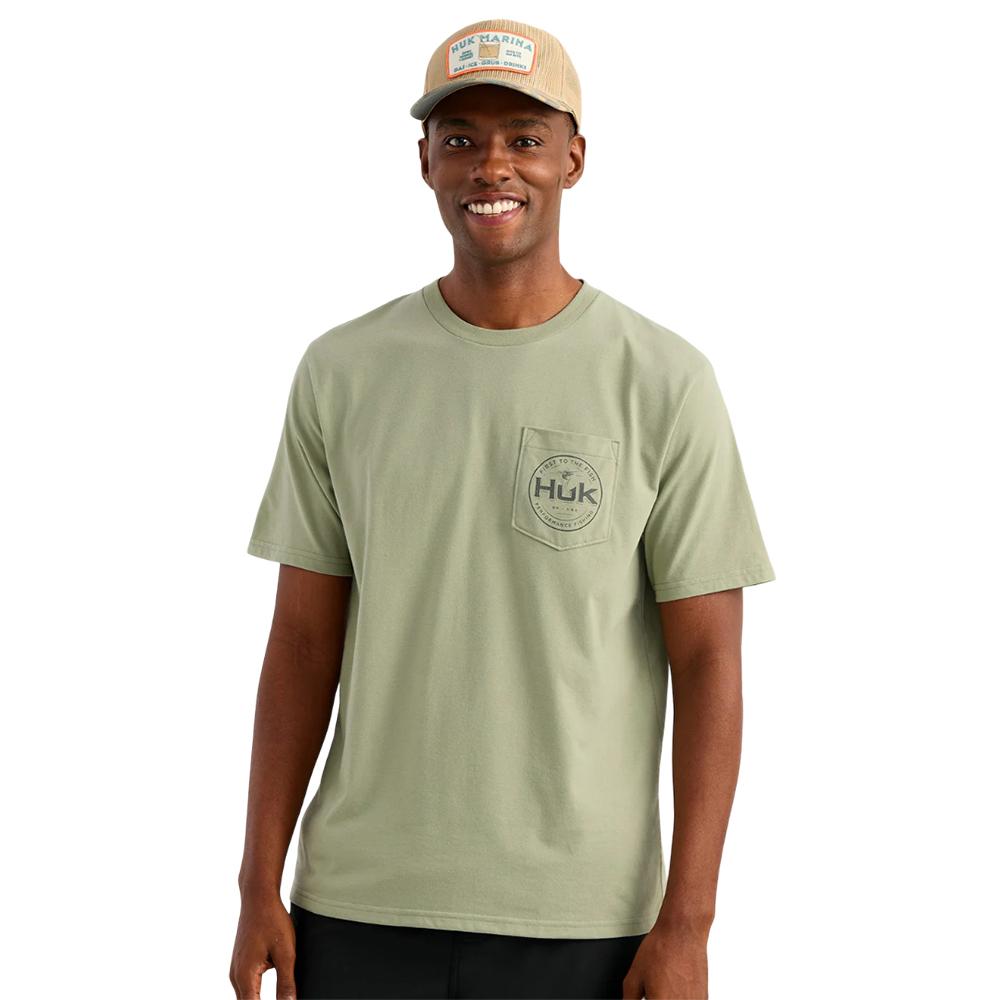 Chattanooga Huk Marlin Circle short sleeve pocket shirt in seagrass cotton blend, size XL, with a buttoned chest pocket and relaxed fit