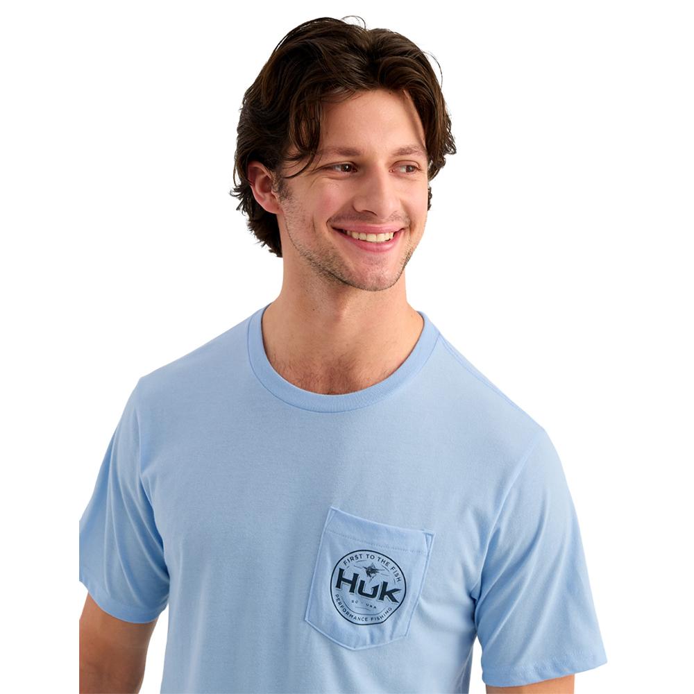 Chattanooga Huk Marlin Circle short sleeve pocket tee in cerulean cotton blend, casual men&