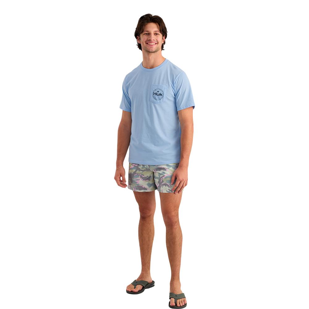 Chattanooga Huk Marlin Circle short sleeve pocket tee in cerulean cotton blend, size L, featuring a printed logo on the chest.