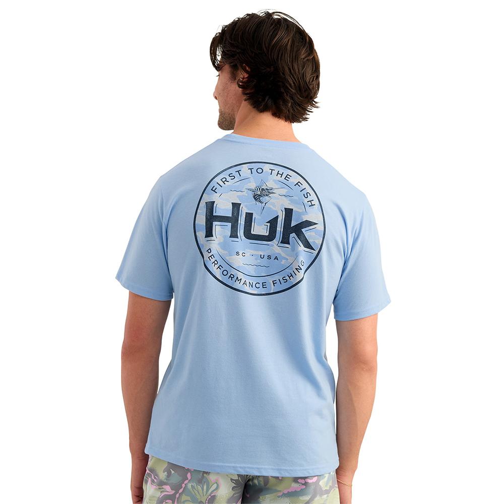 Chattanooga Huk Marlin Circle short sleeve pocket tee in cerulean cotton blend, size S, featuring a casual crew neck and chest pocket.