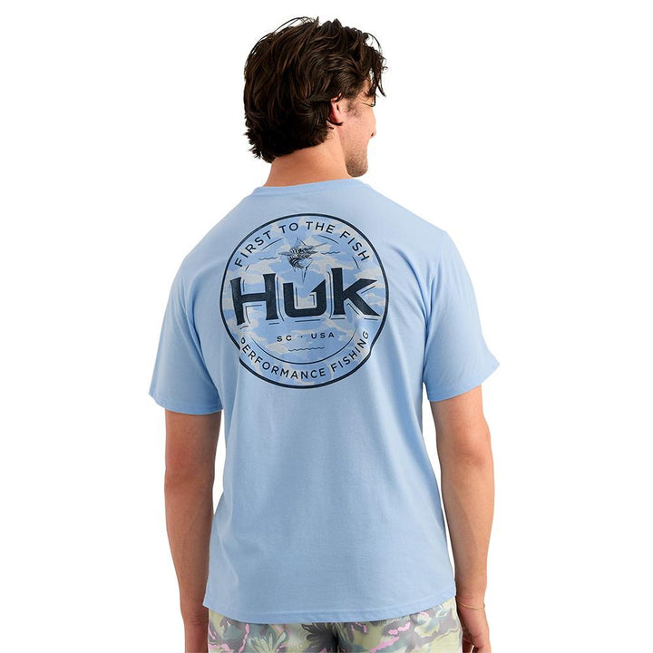 Chattanooga Huk Marlin Circle short sleeve pocket tee in cerulean cotton blend, XL size, featuring a casual crew neck and chest pocket.