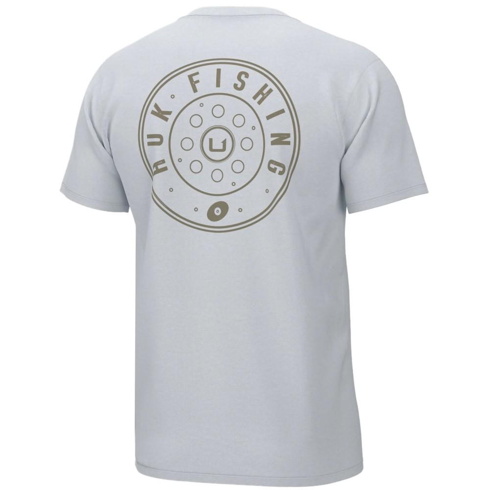 White Chattanooga Huk Reel On short sleeve shirt with crew neck, cotton blend, UPF 50 sun protection, small size.