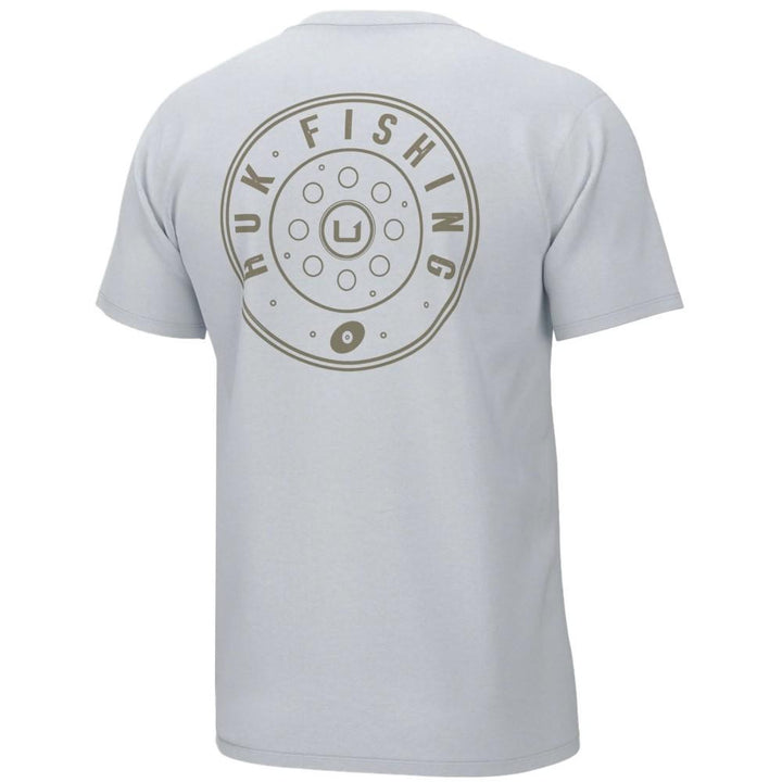 White Chattanooga Huk Reel On short sleeve shirt with crew neck, cotton blend, UPF 50 sun protection, small size.