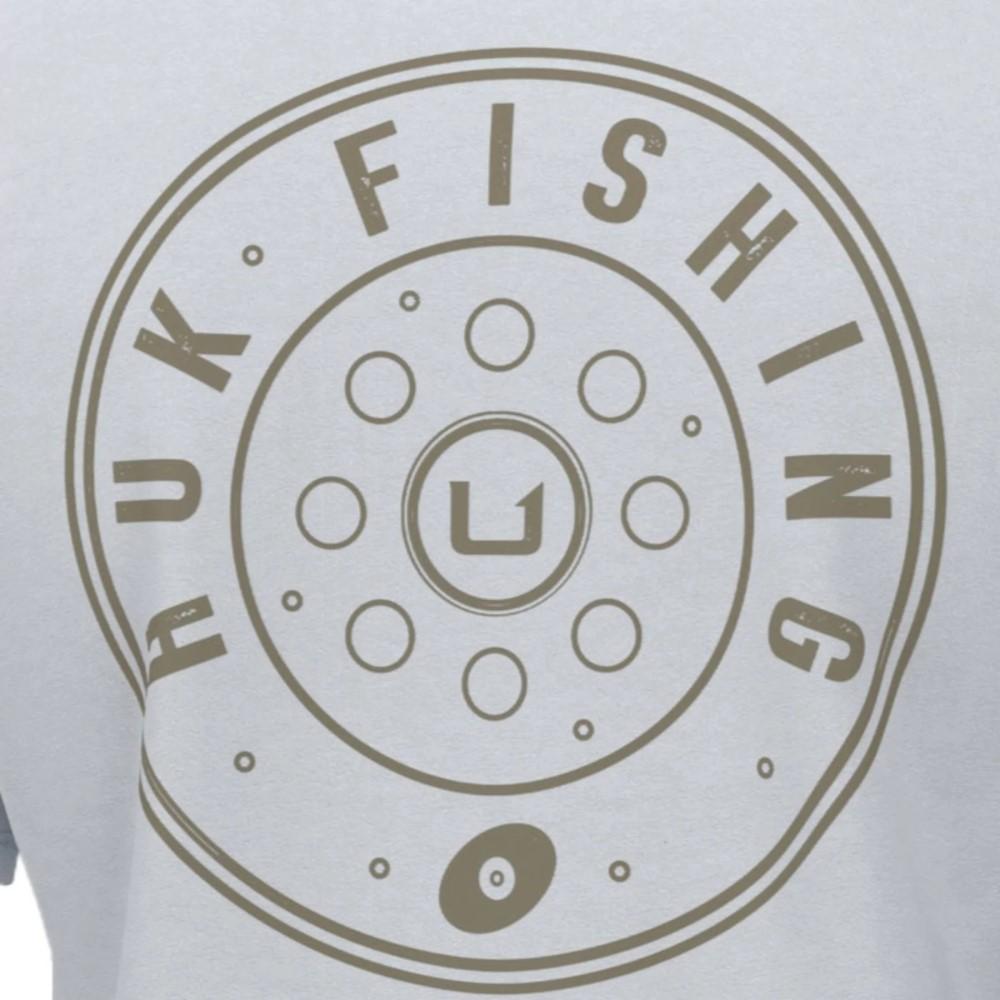 Chattanooga Huk Reel On short sleeve shirt in white, small cotton blend with UPF 50 and crew neck, casual summer men&