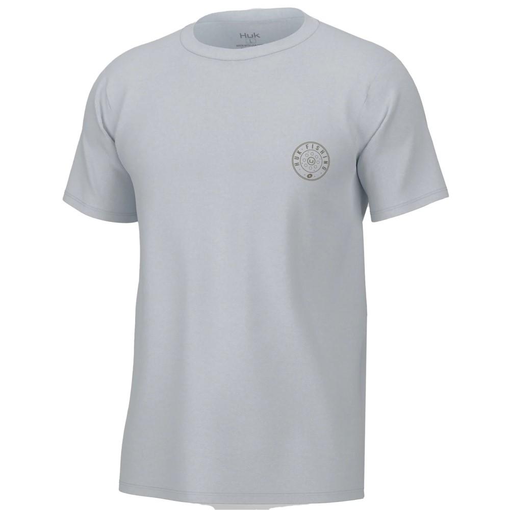 White Chattanooga Huk Reel On short sleeve shirt, cotton blend with UPF 50, crew neck, small size, casual men&