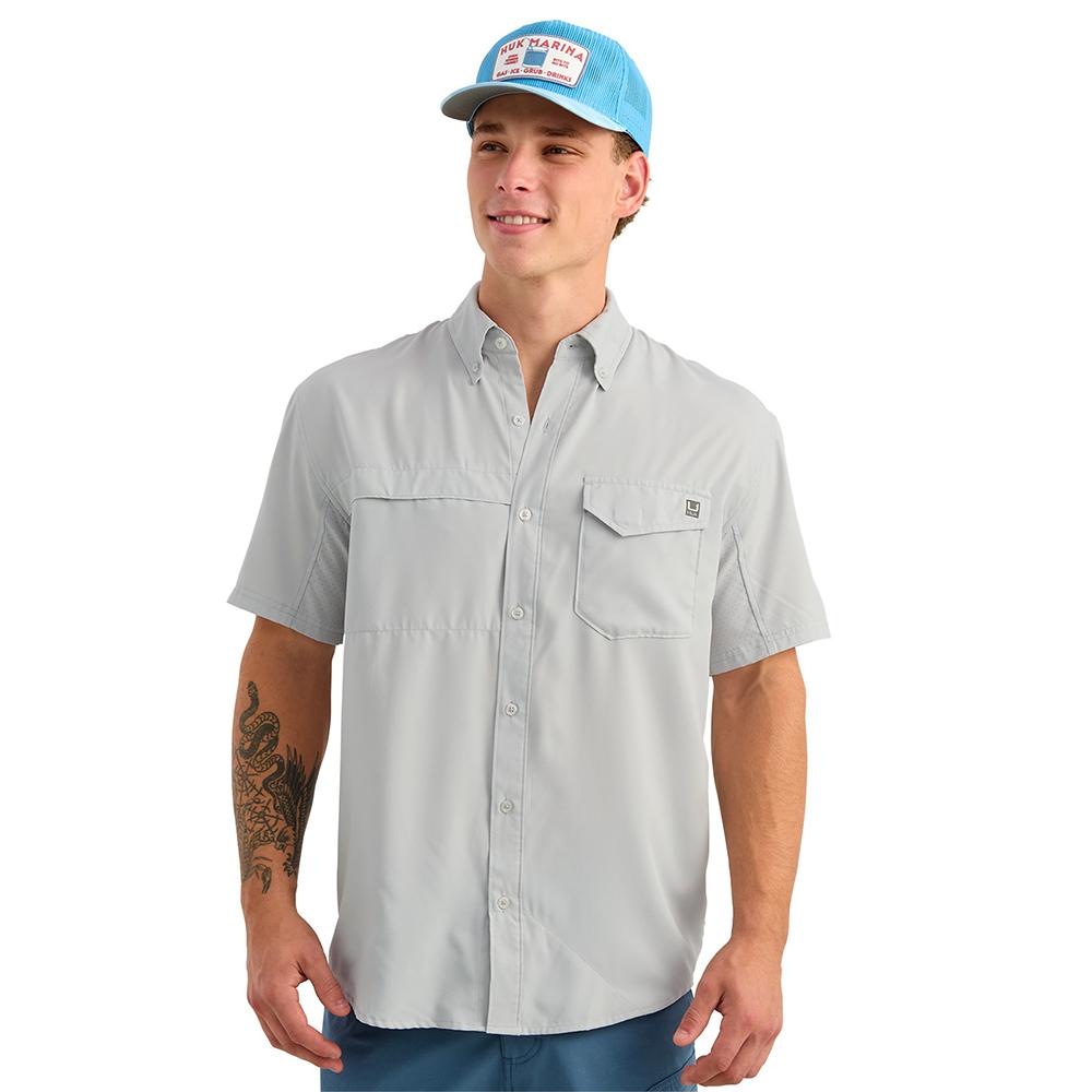 Chattanooga HUK Tidepoint short sleeve shirt in seagull color, lightweight casual top, size XXL, displayed flat.