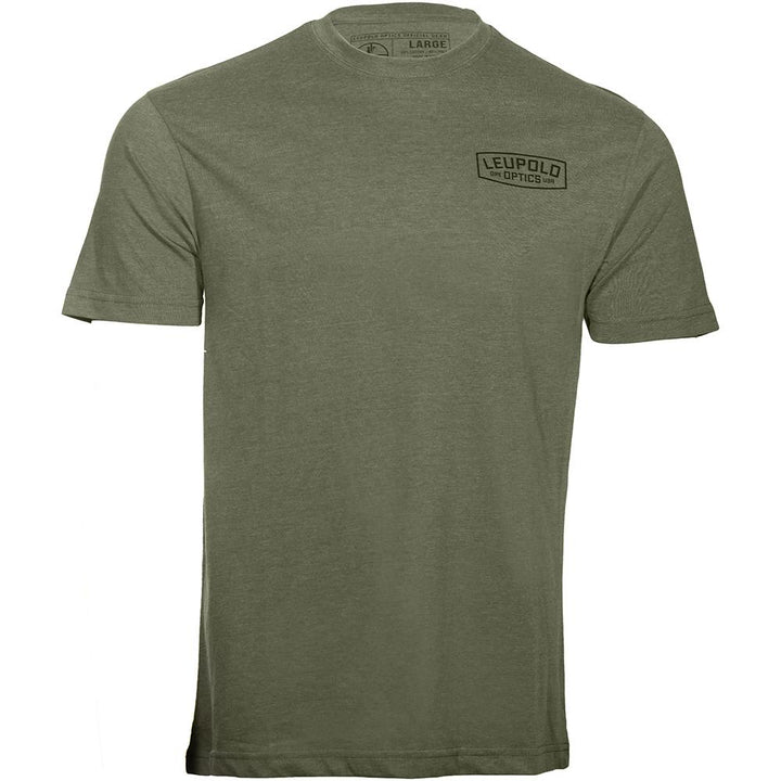 Light olive Leupold Badge Tee shirt by Chattanooga, short sleeve, in XXL size, featuring the Leupold badge design on the front.