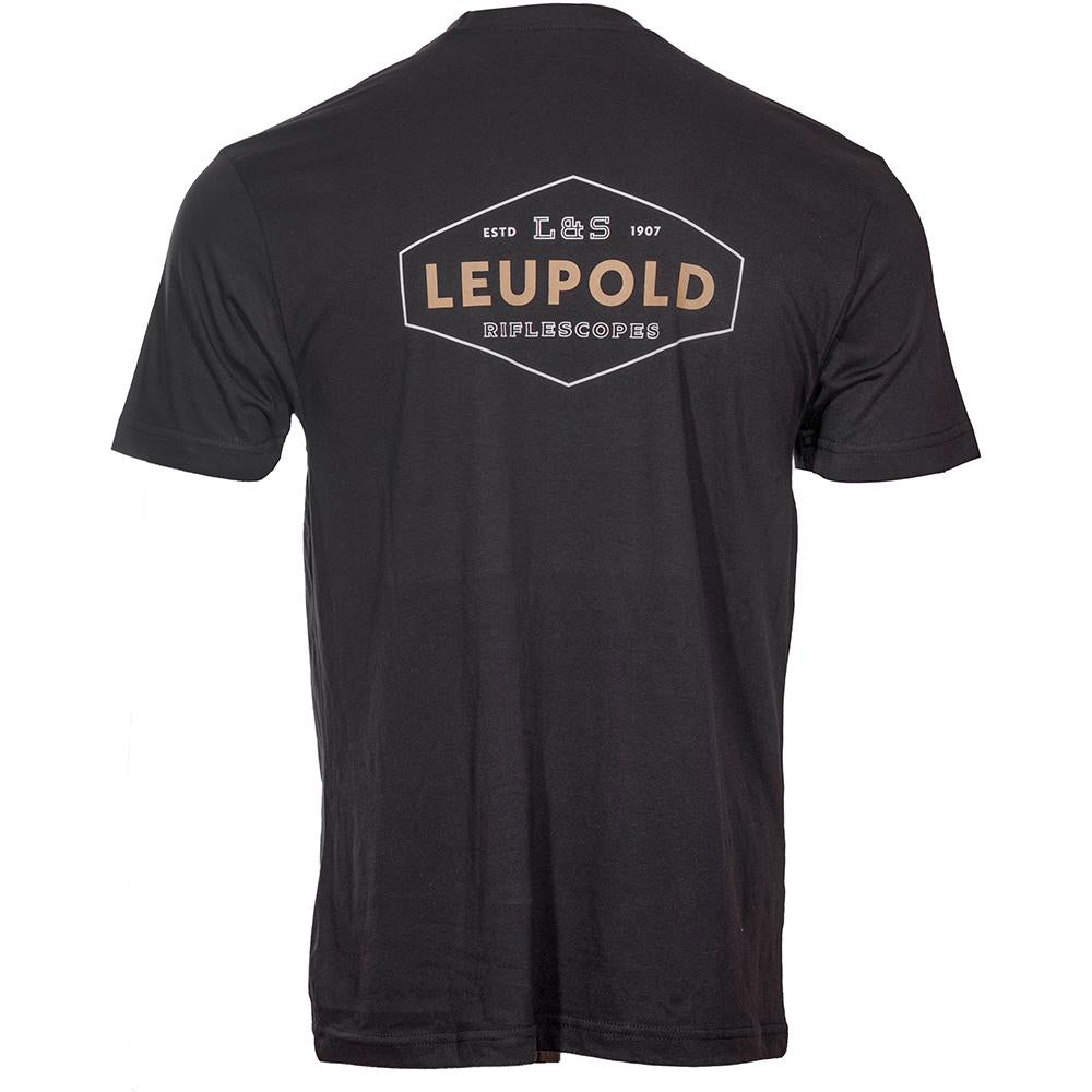 Black Leupold LS Heritage short sleeve T-shirt by Chattanooga, made of soft cotton with a comfortable fit in size L.