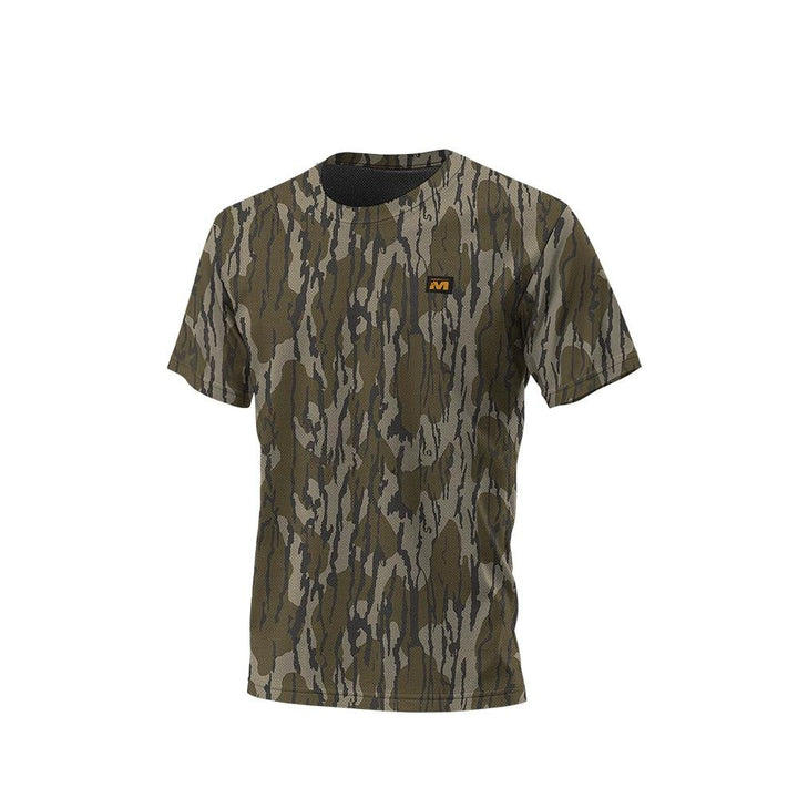 Chattanooga DV8 Ambush lightweight short sleeve shirt in Mossy Oak Bottomland camouflage, size medium, shown on a hanger.