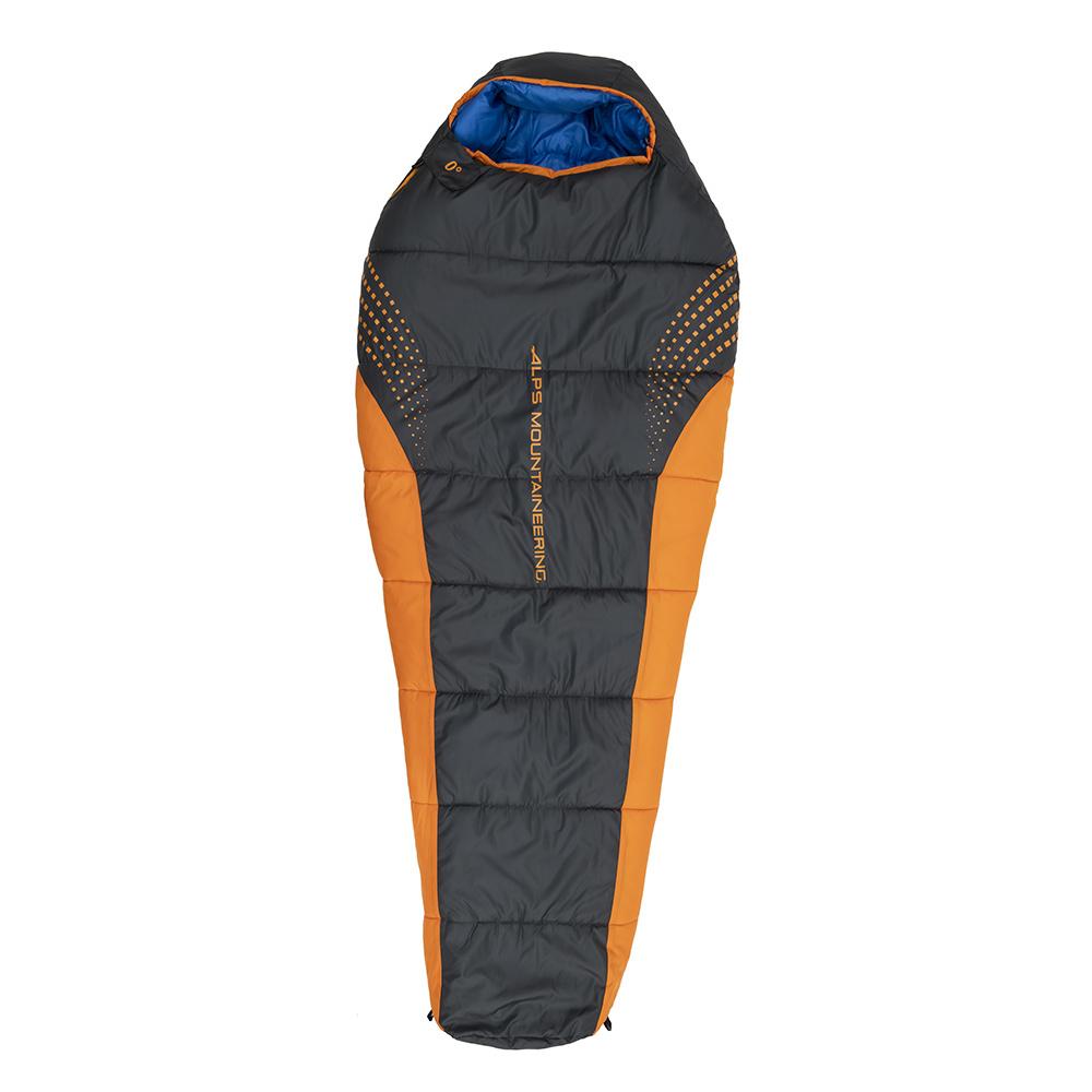 Alps Mountaineering Blaze 0° sleeping bag in charcoal orange, 32x80 inches, designed for warmth and comfort during outdoor camping.