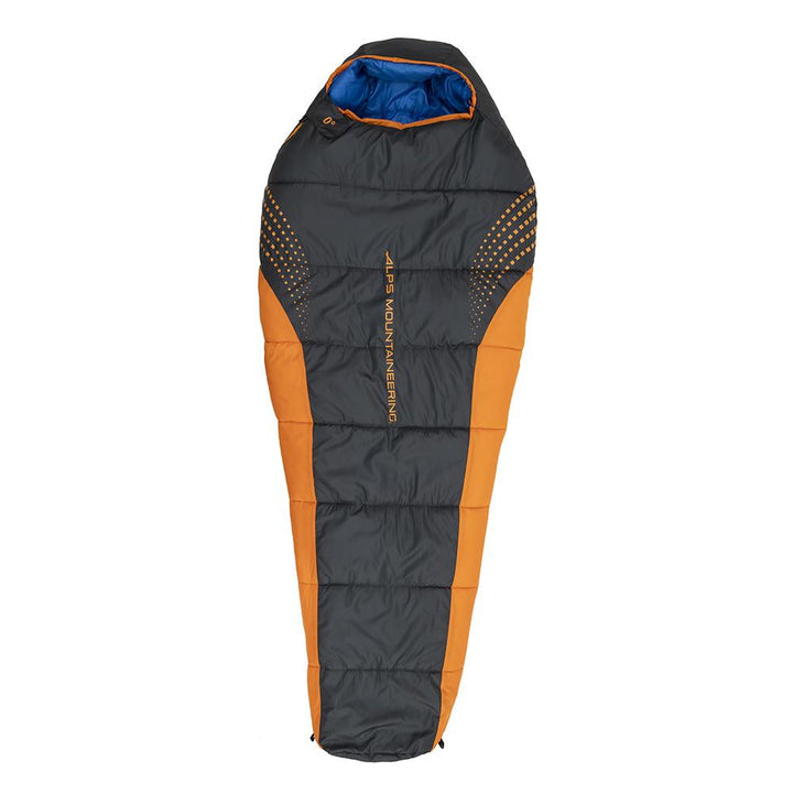 Alps Mountaineering Blaze 0° sleeping bag in charcoal orange, 32x80 inches, designed for warmth and comfort during outdoor camping.