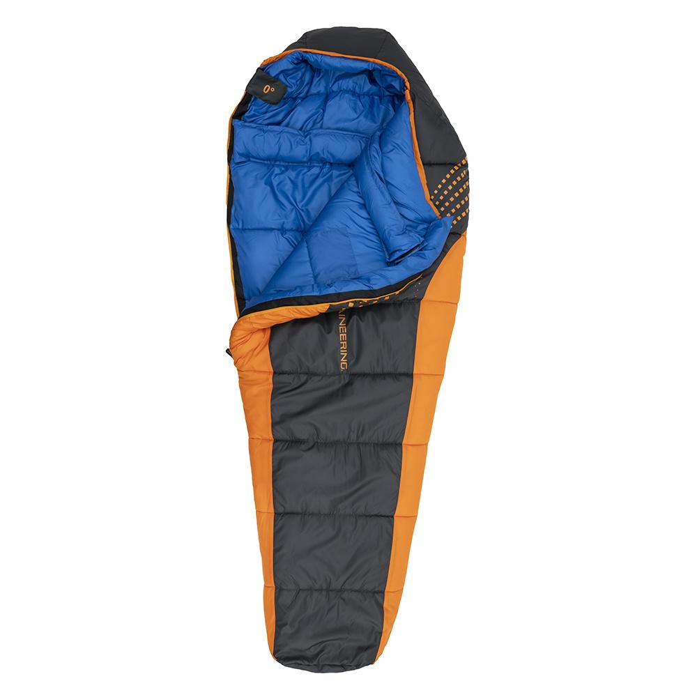 Alps Mountaineering Blaze 0° regular sleeping bag in charcoal orange, designed for warmth, with a 32x80-inch size suitable for camping.