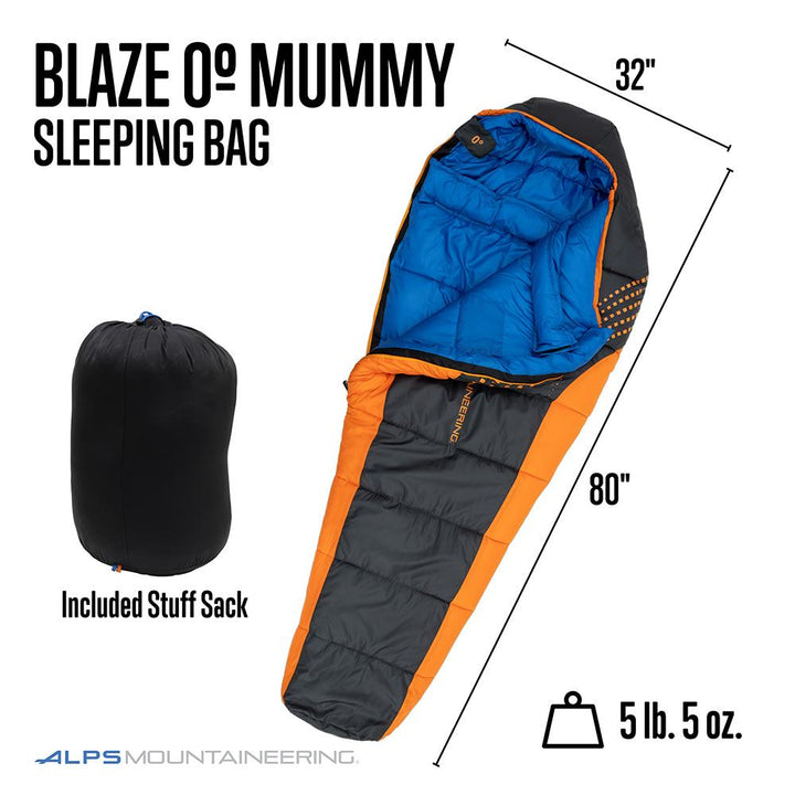 Alps Mountaineering Blaze 0° regular sleeping bag in charcoal orange, showing its insulated design and compact shape.