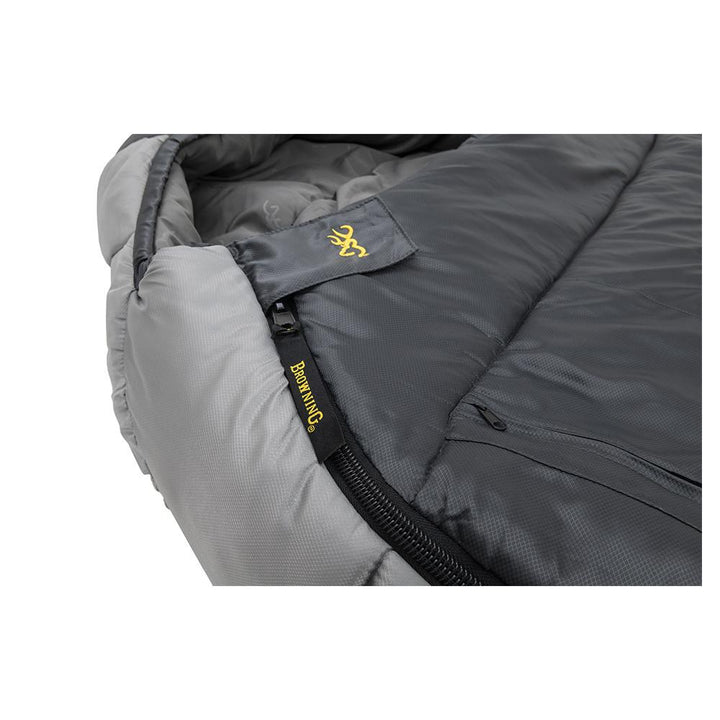 Chattanooga Browning Camping McKinley 0 Degree Sleeping Bag in grey, 36x90 inches, showcasing warm, comfortable outdoor sleeping gear.