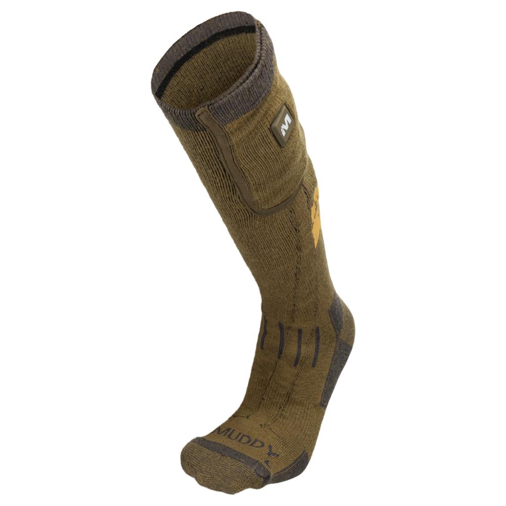 Chattanooga Muddy Nucleus heated socks in brown clay, adjustable and warm, designed for comfortable footwear during cold weather.