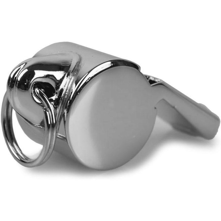 Chattanooga Omnipet Acme 59.5 Thunderer solid brass sport whistle with medium pitch and 114 dBA sound level on white background.