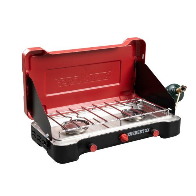 Chattanooga Camp Chef Mountain Series Everest 2X high output two-burner camping stove with sturdy design and control knobs.