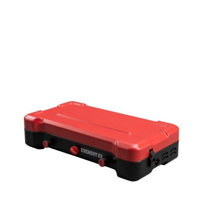 Chattanooga Camp Chef Mountain Series Everest 2X high output two-burner stove with metal surface and control knobs.