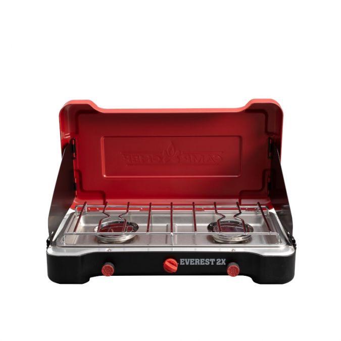 Chattanooga Camp Chef Mountain Series Everest 2X two-burner high-output camping stove with stainless steel construction.