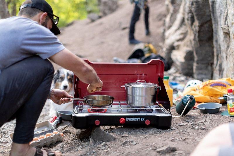 Chattanooga Camp Chef Mountain Series Everest 2X high output two-burner stove for outdoor cooking and camping.