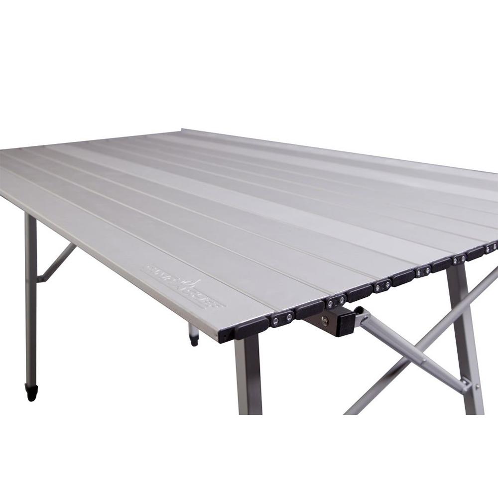 Chattanooga Camp Chef Mountain Series Mesa adjustable outdoor camp table with sturdy surface and foldable legs for camping.