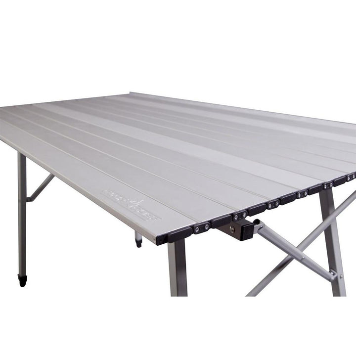 Chattanooga Camp Chef Mountain Series Mesa adjustable outdoor camp table with sturdy surface and foldable legs for camping.